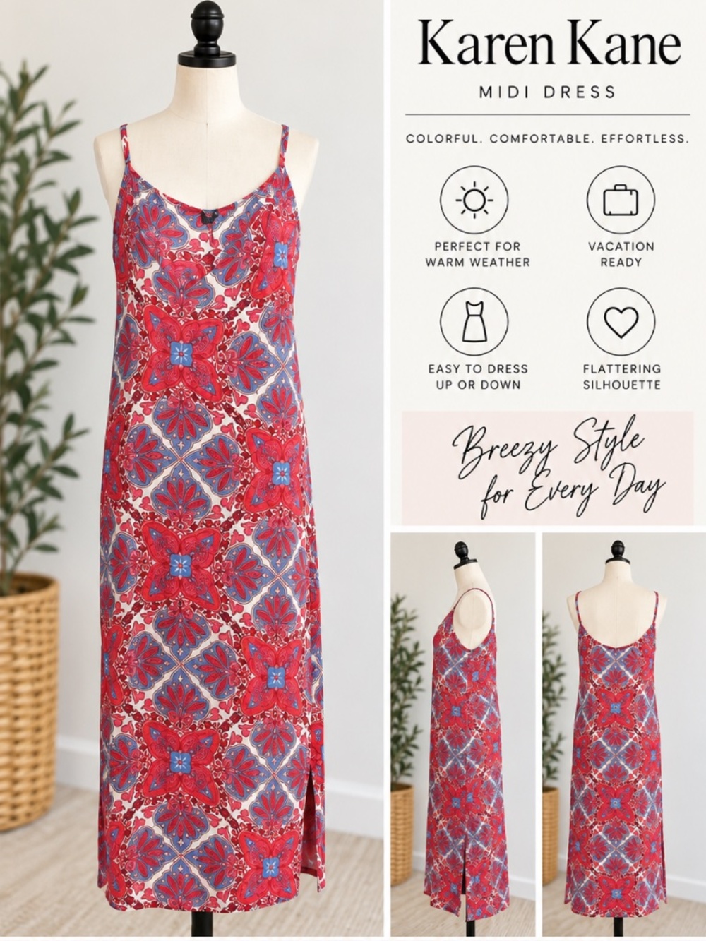 Karen Kane Red Blue Floral Paisley Midi Dress Size L